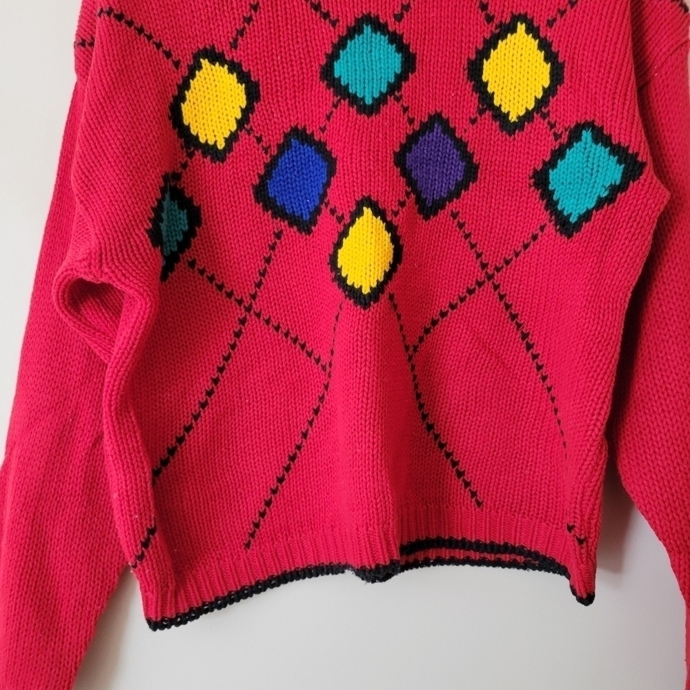 Vintage 80s Red Knit Mockneck Colourful Argyle Sweater Teachercore - Picture 5 of 8